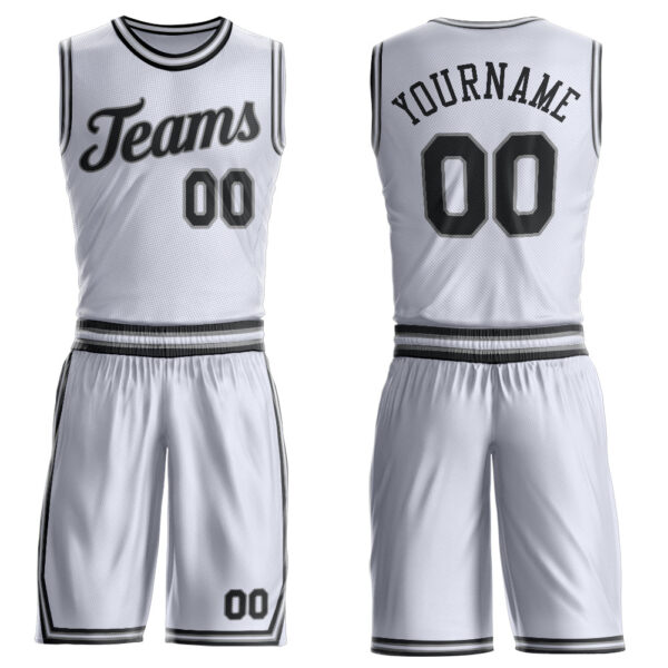 Custom White Black-Gray Round Neck Suit Basketball Jersey