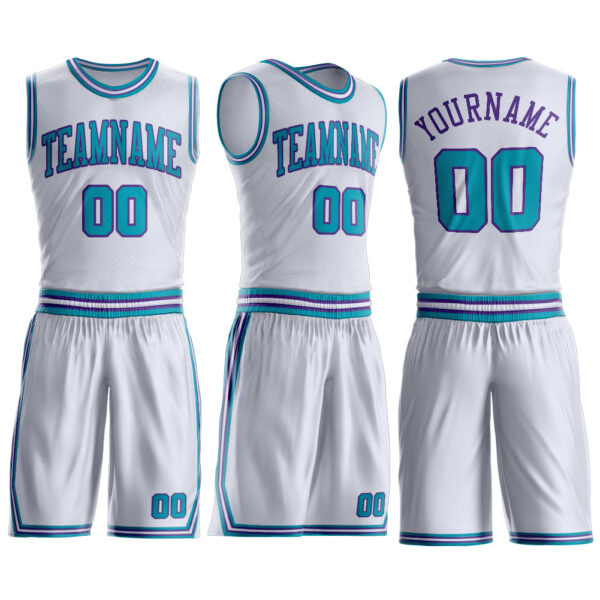 Custom White Teal-Purple Round Neck Suit Basketball Jersey