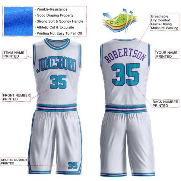 Custom White Teal-Purple Round Neck Suit Basketball Jersey