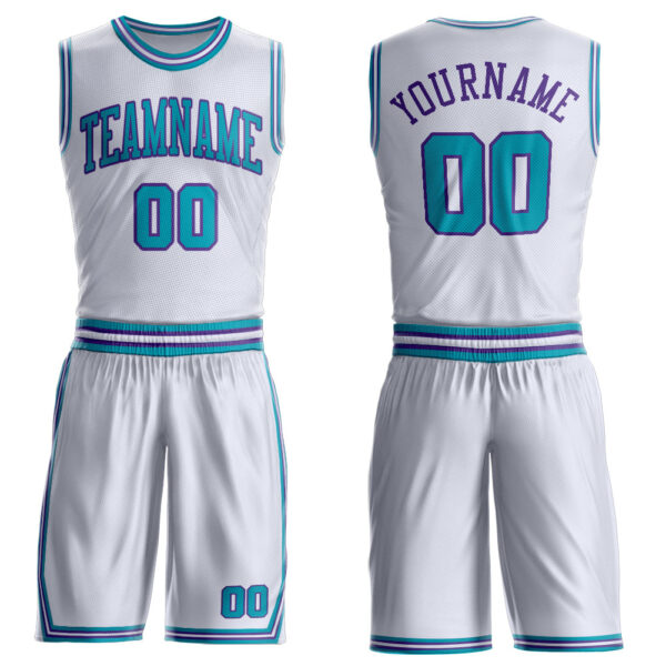 Custom White Teal-Purple Round Neck Suit Basketball Jersey
