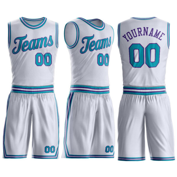 Custom White Teal-Purple Round Neck Suit Basketball Jersey