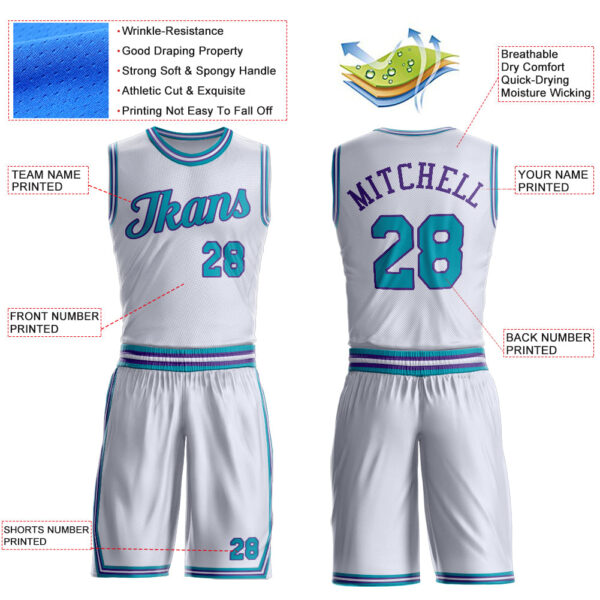 Custom White Teal-Purple Round Neck Suit Basketball Jersey