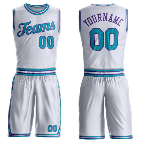 Custom White Teal-Purple Round Neck Suit Basketball Jersey