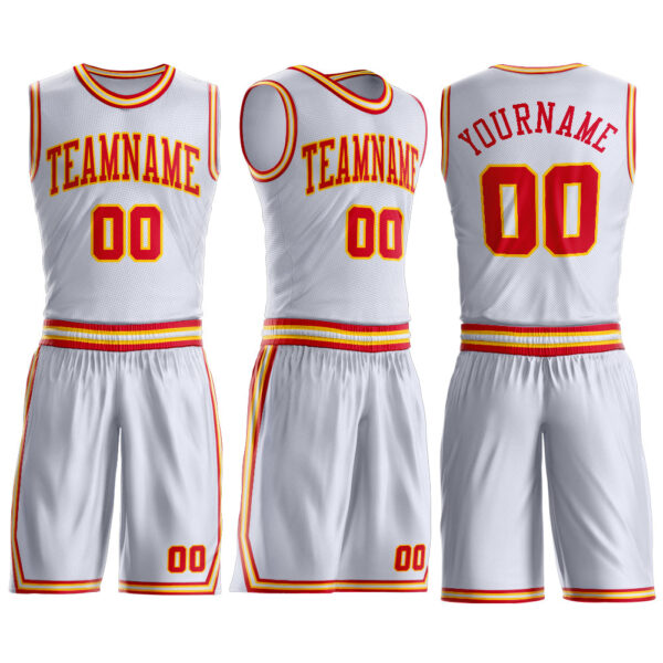 Custom White Red-Gold Round Neck Suit Basketball Jersey