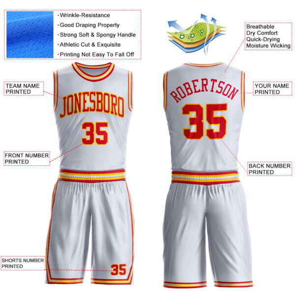 Custom White Red-Gold Round Neck Suit Basketball Jersey