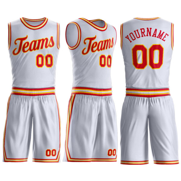 Custom White Red-Gold Round Neck Suit Basketball Jersey