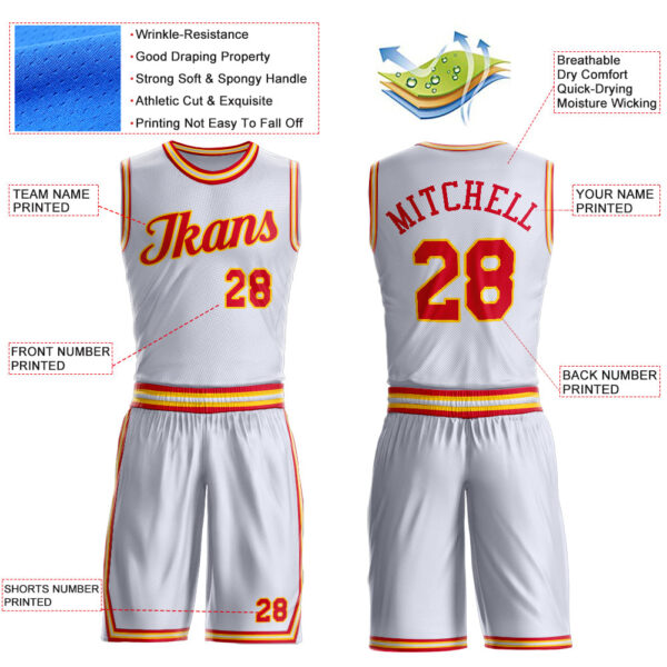 Custom White Red-Gold Round Neck Suit Basketball Jersey