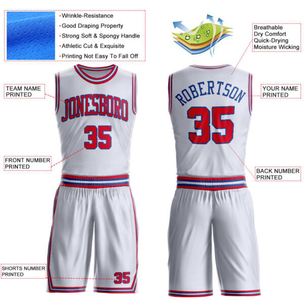 Custom White Red-Royal Round Neck Suit Basketball Jersey
