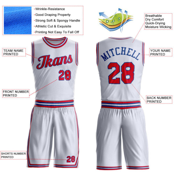 Custom White Red-Royal Round Neck Suit Basketball Jersey