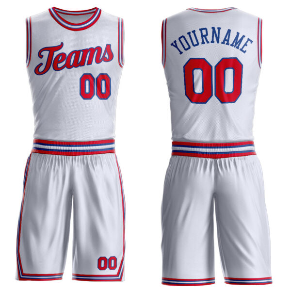 Custom White Red-Royal Round Neck Suit Basketball Jersey