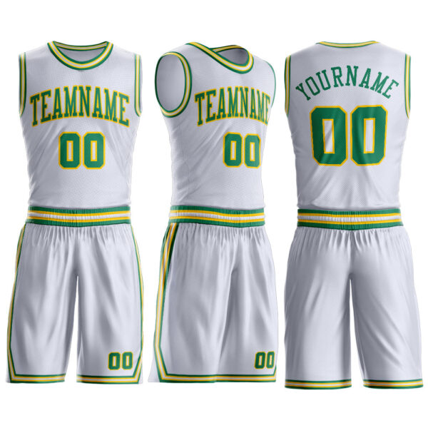 Custom White Kelly Green-Gold Round Neck Suit Basketball Jersey