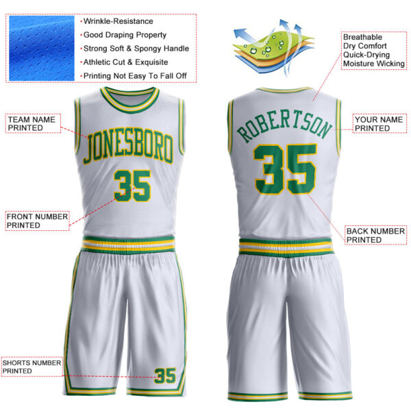 Custom White Kelly Green-Gold Round Neck Suit Basketball Jersey