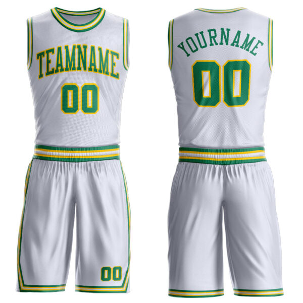 Custom White Kelly Green-Gold Round Neck Suit Basketball Jersey