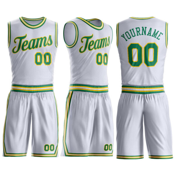 Custom White Kelly Green-Gold Round Neck Suit Basketball Jersey
