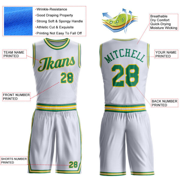 Custom White Kelly Green-Gold Round Neck Suit Basketball Jersey