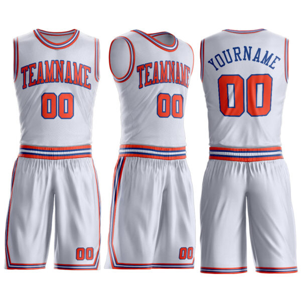 Custom White Orange-Royal Round Neck Suit Basketball Jersey