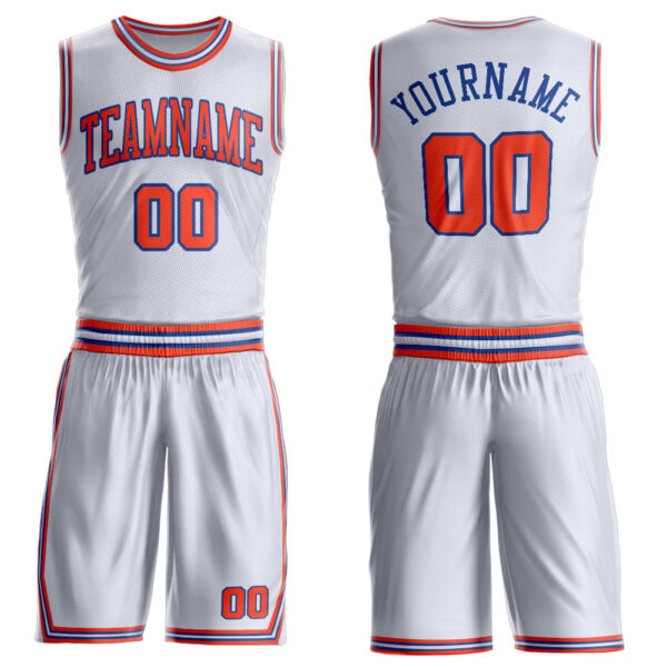 Custom White Orange-Royal Round Neck Suit Basketball Jersey
