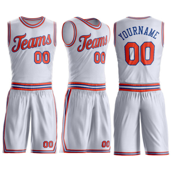 Custom White Orange-Royal Round Neck Suit Basketball Jersey