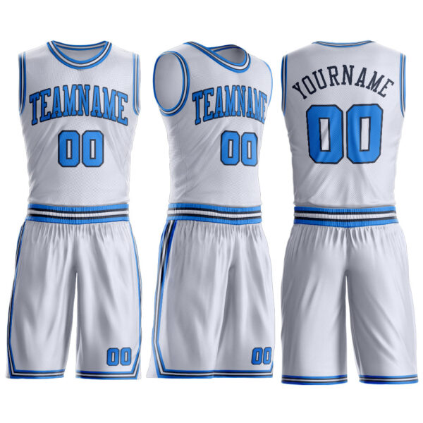 Custom White Powder Blue-Navy Round Neck Suit Basketball Jersey