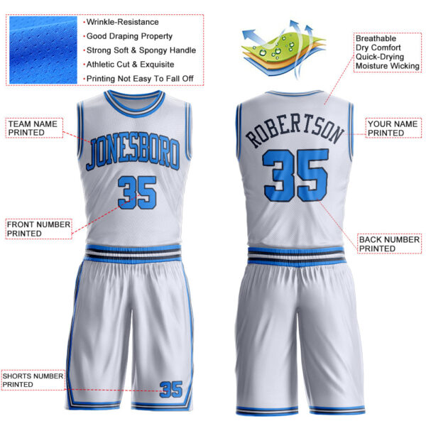 Custom White Powder Blue-Navy Round Neck Suit Basketball Jersey