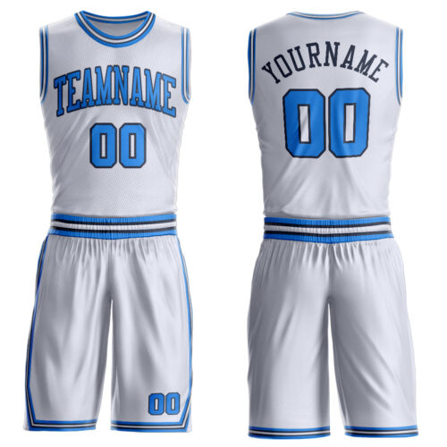 Custom White Powder Blue-Navy Round Neck Suit Basketball Jersey