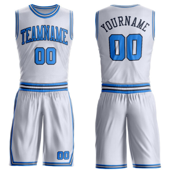 Custom White Powder Blue-Navy Round Neck Suit Basketball Jersey