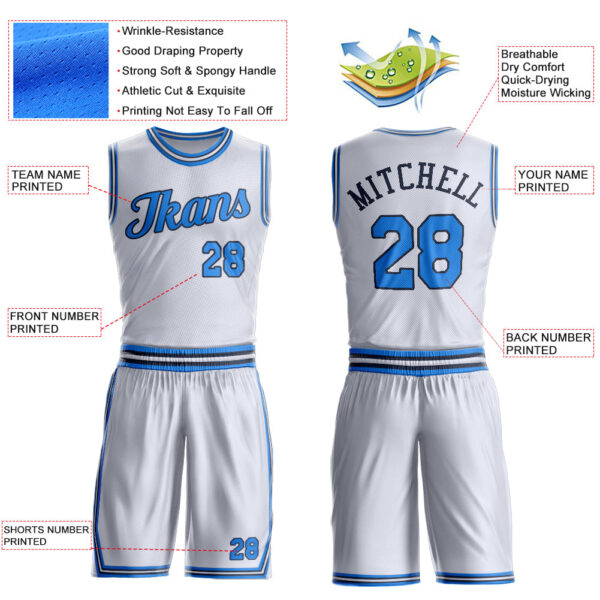 Custom White Powder Blue-Navy Round Neck Suit Basketball Jersey