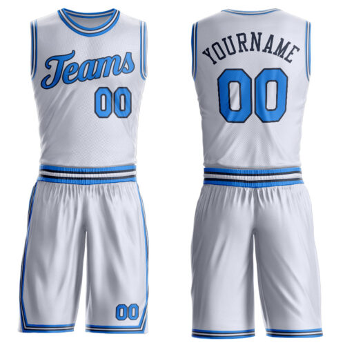 Custom White Powder Blue-Navy Round Neck Suit Basketball Jersey