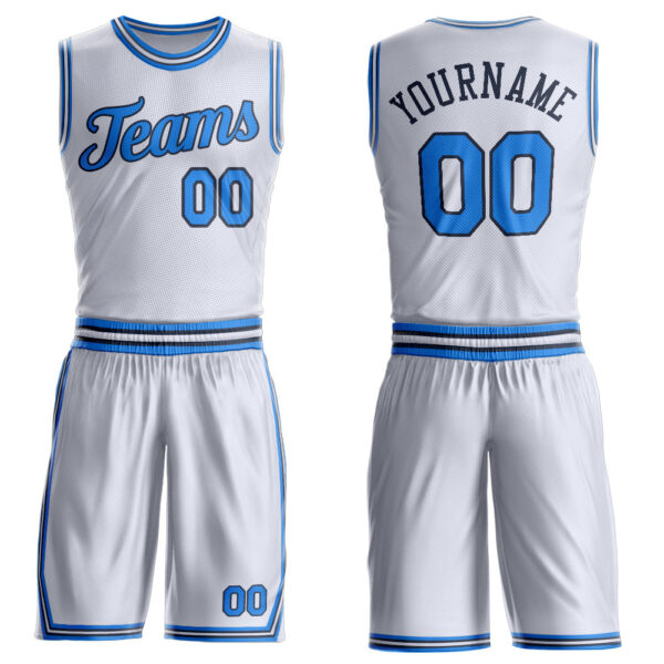Custom White Powder Blue-Navy Round Neck Suit Basketball Jersey
