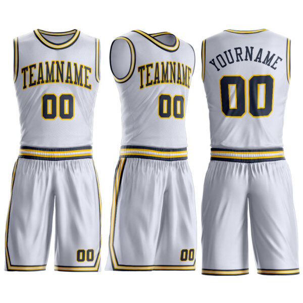 Custom White Navy-Gold Round Neck Suit Basketball Jersey