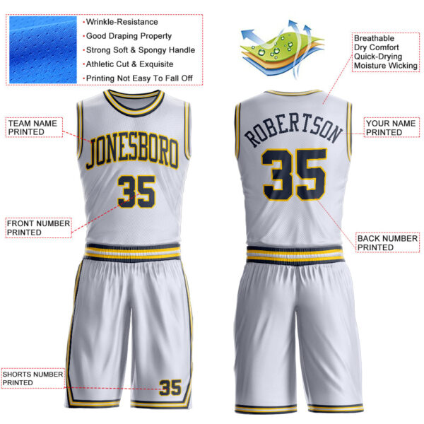 Custom White Navy-Gold Round Neck Suit Basketball Jersey
