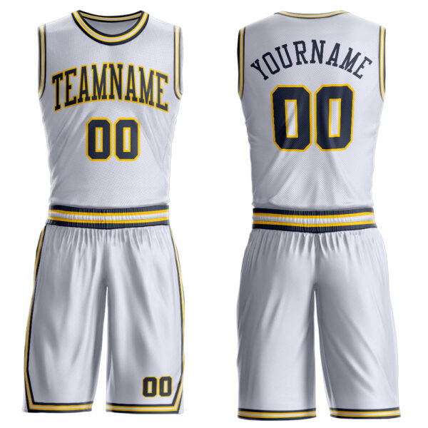 Custom White Navy-Gold Round Neck Suit Basketball Jersey