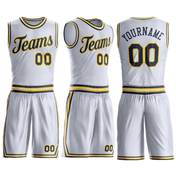 Custom White Navy-Gold Round Neck Suit Basketball Jersey