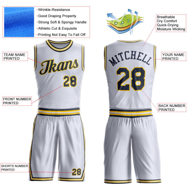 Custom White Navy-Gold Round Neck Suit Basketball Jersey