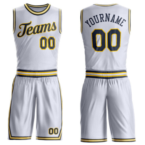 BSuit0472 Custom White Navy-Gold Round Neck Suit Basketball Jersey