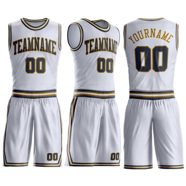 Custom White Navy-Old Gold Round Neck Suit Basketball Jersey