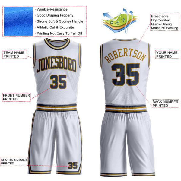Custom White Navy-Old Gold Round Neck Suit Basketball Jersey