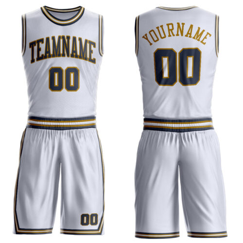 BSuit0473 Custom White Navy-Old Gold Round Neck Suit Basketball Jersey