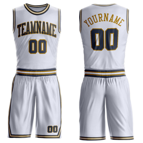 Custom White Navy-Old Gold Round Neck Suit Basketball Jersey