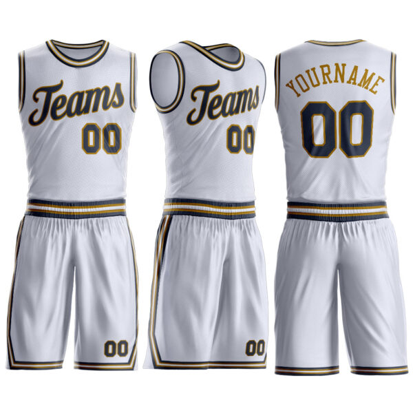Custom White Navy-Old Gold Round Neck Suit Basketball Jersey