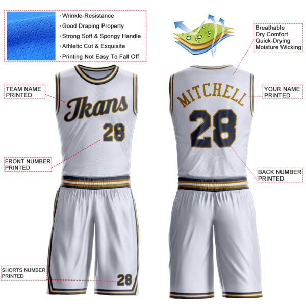 Custom White Navy-Old Gold Round Neck Suit Basketball Jersey