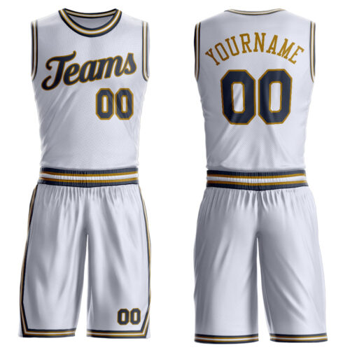 BSuit0474 Custom White Navy-Old Gold Round Neck Suit Basketball Jersey