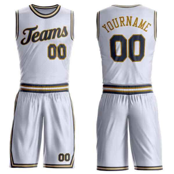 Custom White Navy-Old Gold Round Neck Suit Basketball Jersey