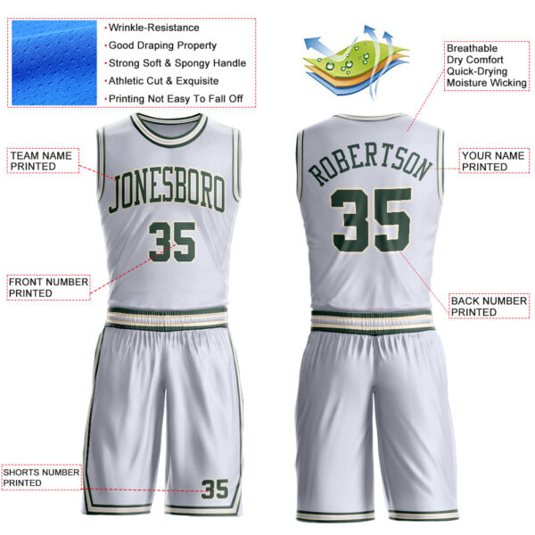 Custom White Green-Cream Round Neck Suit Basketball Jersey