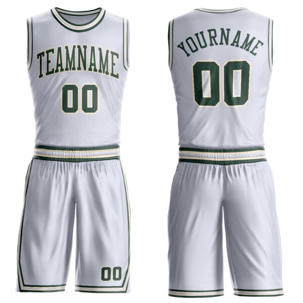 Custom White Green-Cream Round Neck Suit Basketball Jersey