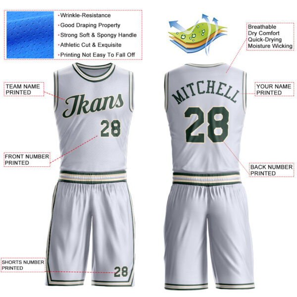 Custom White Green-Cream Round Neck Suit Basketball Jersey