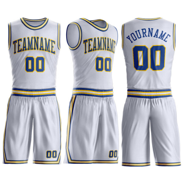 Custom White Royal-Gold Round Neck Suit Basketball Jersey