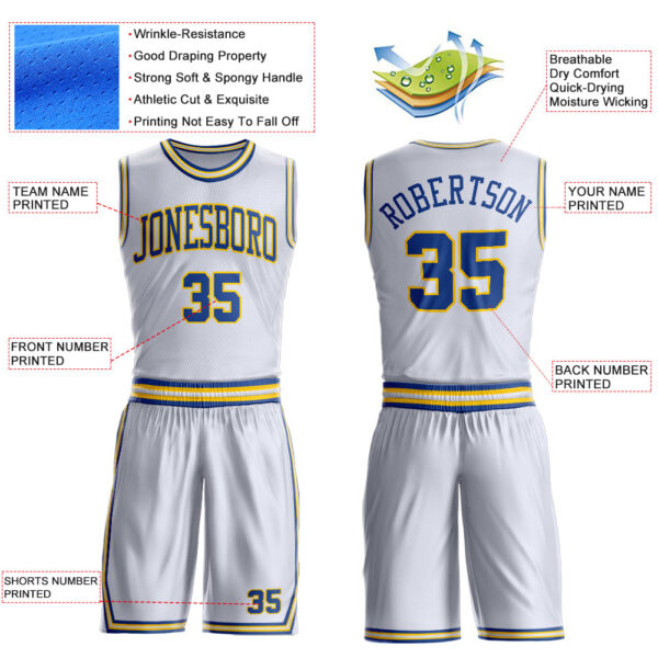 Custom White Royal-Gold Round Neck Suit Basketball Jersey