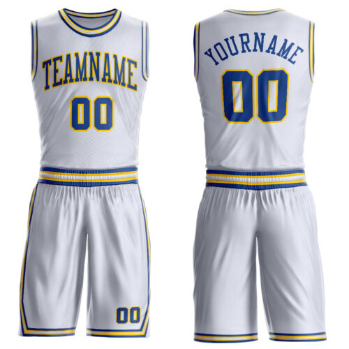 BSuit0477 Custom White Royal-Gold Round Neck Suit Basketball Jersey