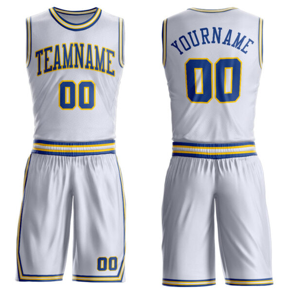 Custom White Royal-Gold Round Neck Suit Basketball Jersey